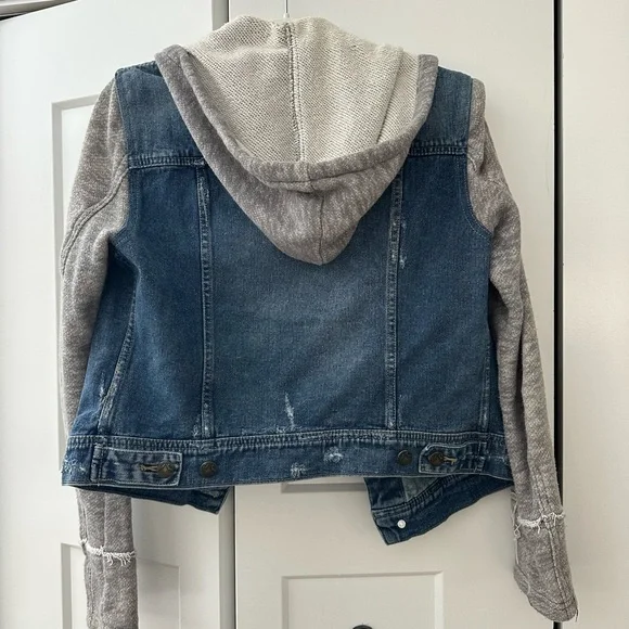 Free People Denim Jacket with Gray Knit Hoodie Sleeves - Picture 3 of 4
